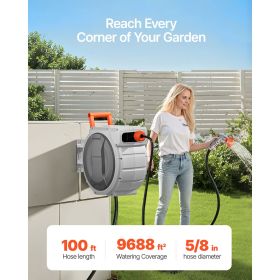 5/8 Inch x 100 ft Wall Mounted Retractable Garden Hose Reel, Heavy Duty with 9-Pattern Nozzle, Adjustable Length Lock