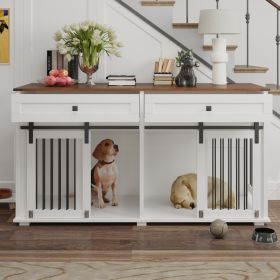63'' Large Dog Crate Furniture For Double Dog, Wooden Dog Kennel With 2 Drawers,Divider And Sliding Door, Water Resistant Indoor Pets Furniture S (Option: Brown White)